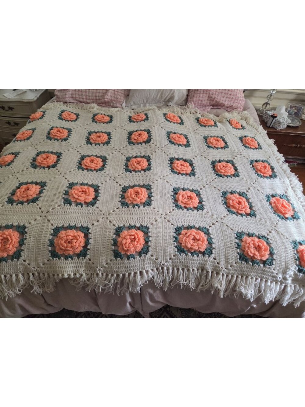 Handmade Crochet Afghan Blanket 3D Flowers Peach Fringe Cream Granny cottage